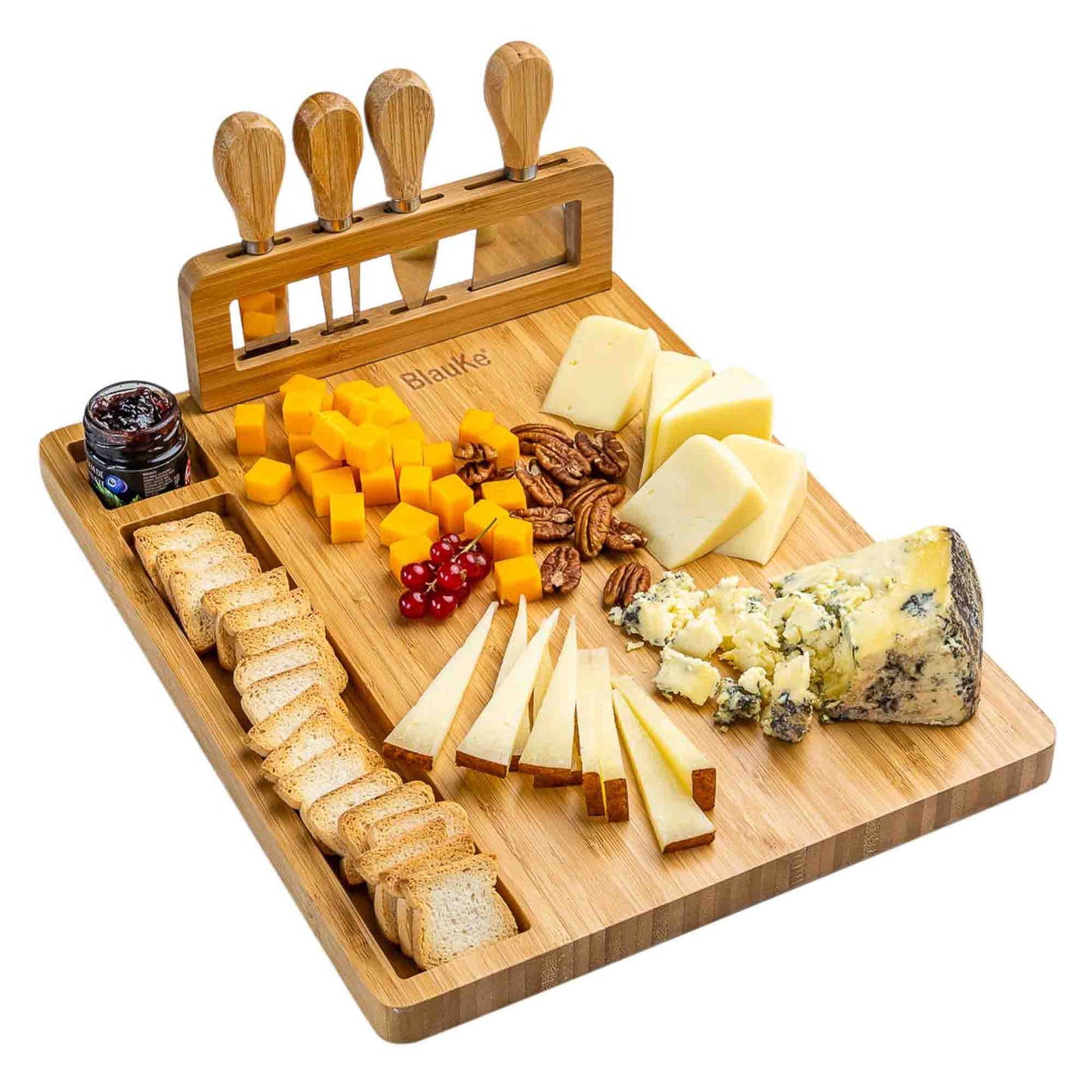 Bamboo Cheese Board and Knife Set - 14x11 inch Charcuterie Board with